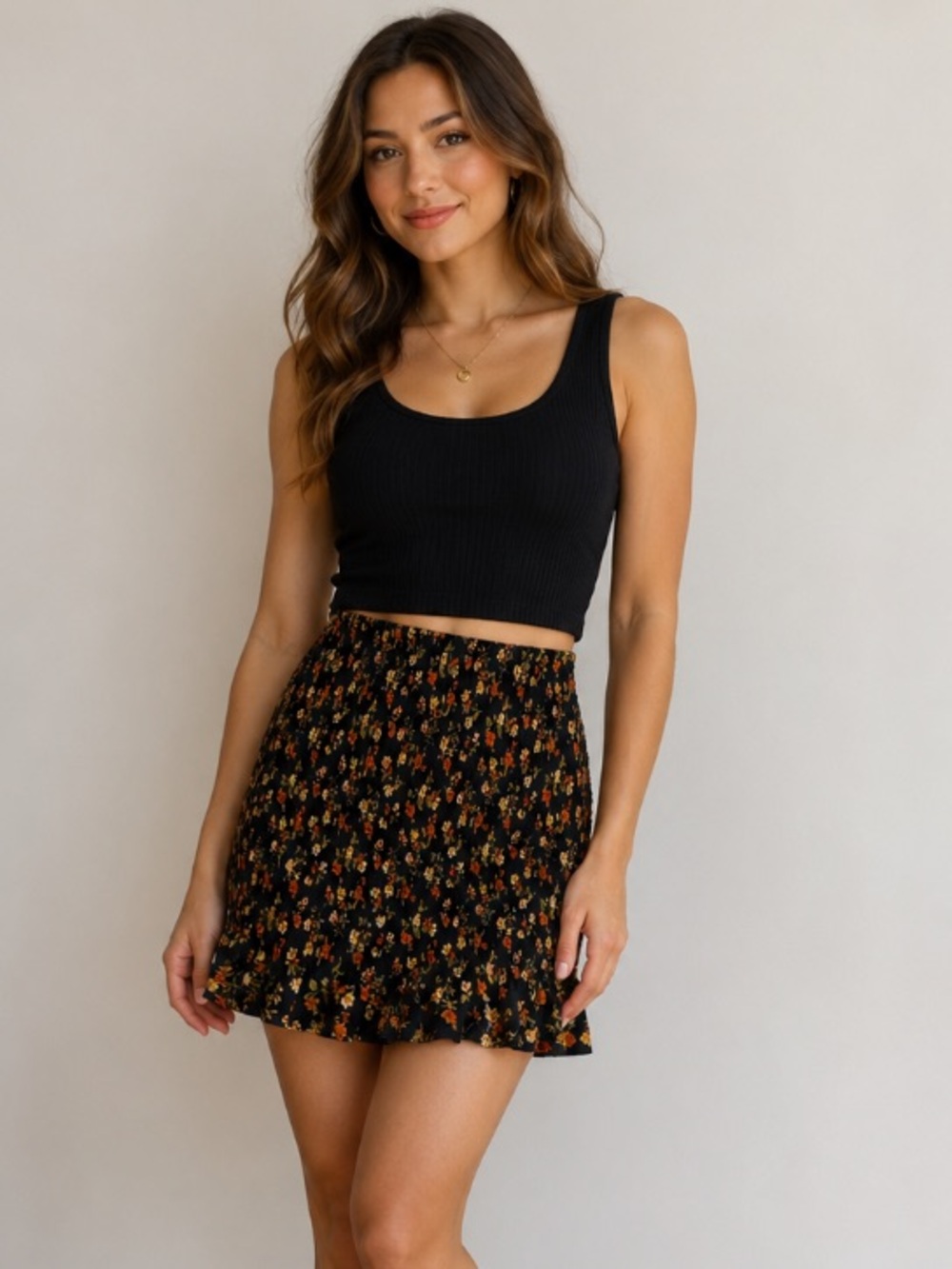 Black Ditsy smocked floral Mini Preppy Crinkle Ruffle skirt medium